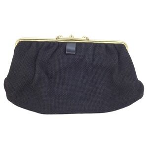 Elegant Black woven Clutch Evening Bag Kiss Lock Closure Leather Interior